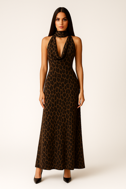 Leopard Print Cowl Neck Maxi Dress With Scarf