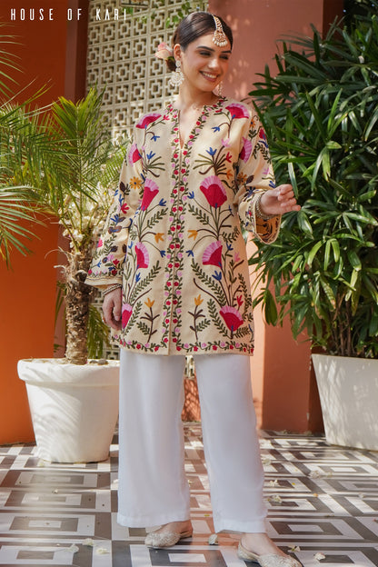Kashmiri Aari Work Cotton Kurta Jacket – Beige
