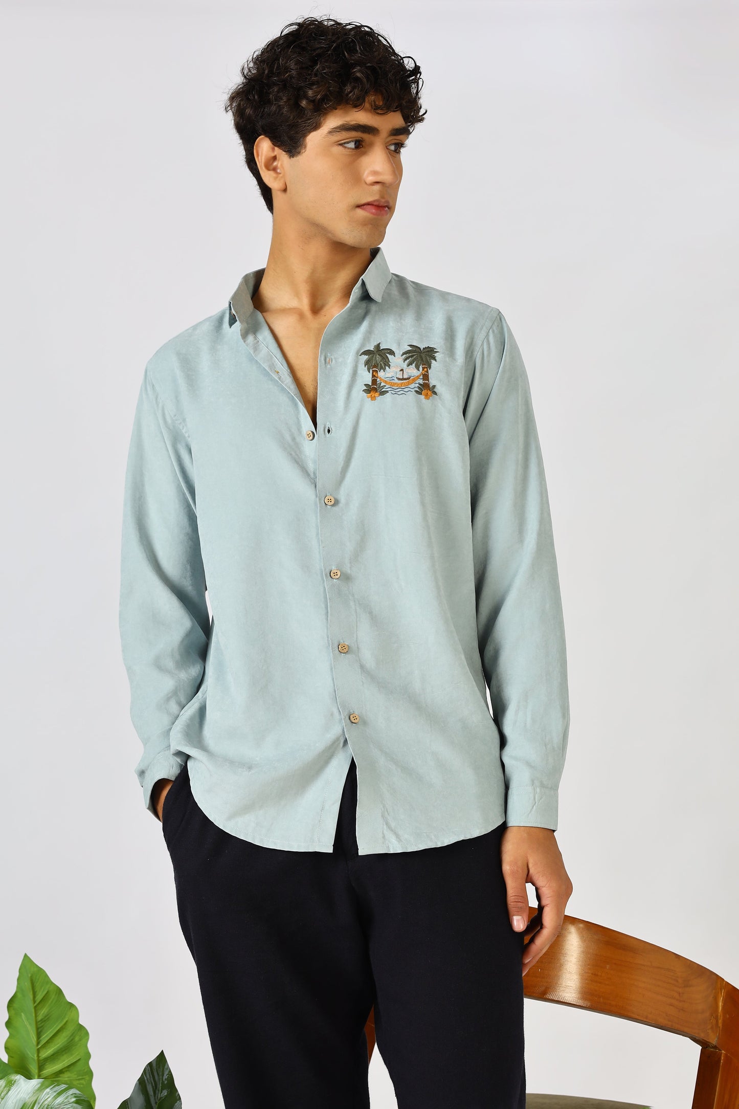 Palm Retreat Cotton Regular Fit Sky blue Embroidered Shirt | Hamptons at Broadway