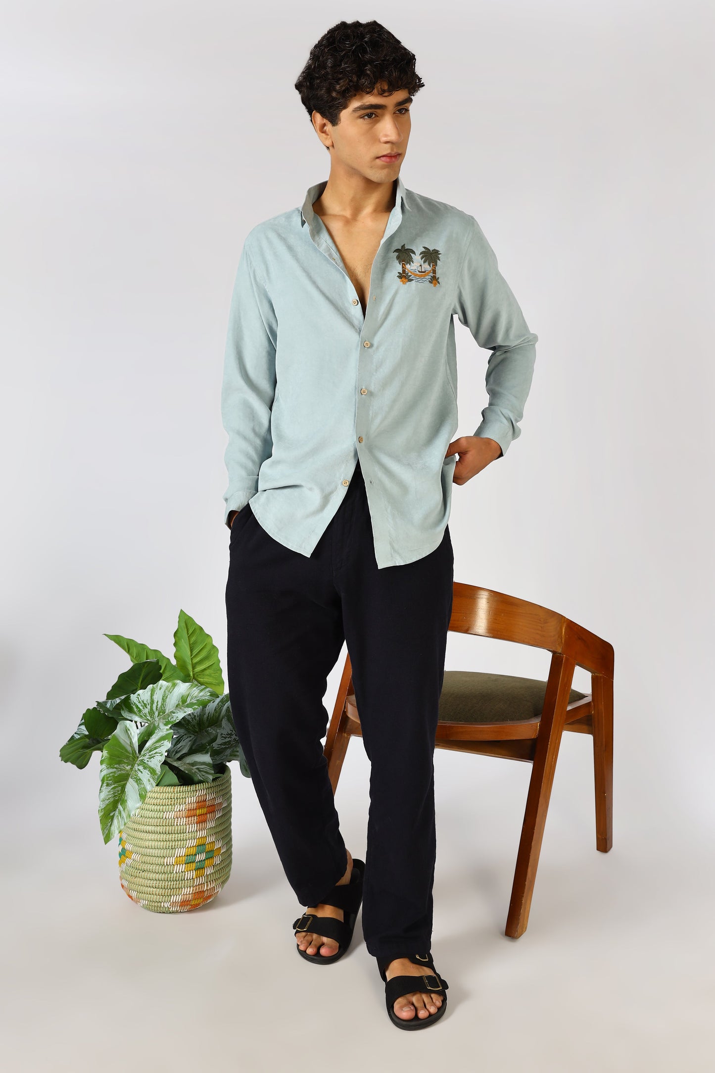 Palm Retreat Cotton Regular Fit Sky blue Embroidered Shirt | Hamptons at Broadway