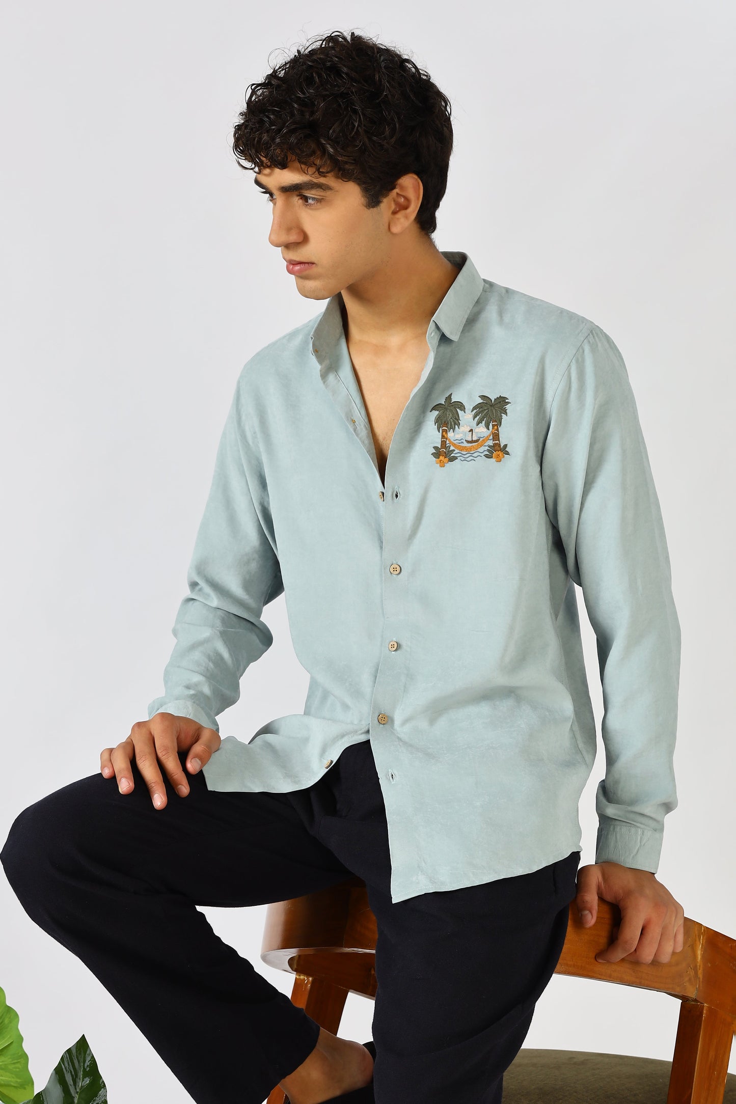 Palm Retreat Cotton Regular Fit Sky blue Embroidered Shirt | Hamptons at Broadway