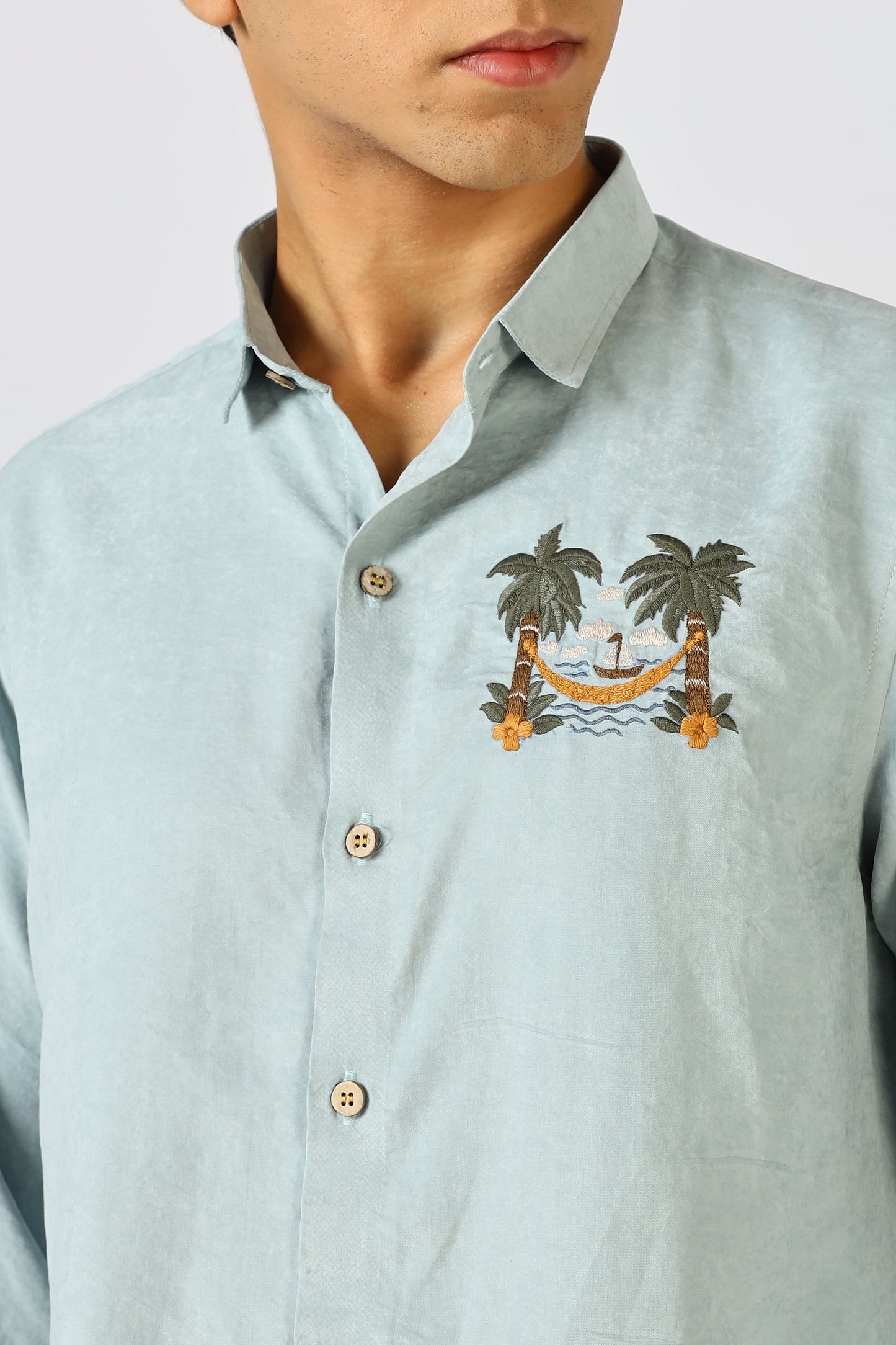 Palm Retreat Cotton Regular Fit Sky blue Embroidered Shirt | Hamptons at Broadway