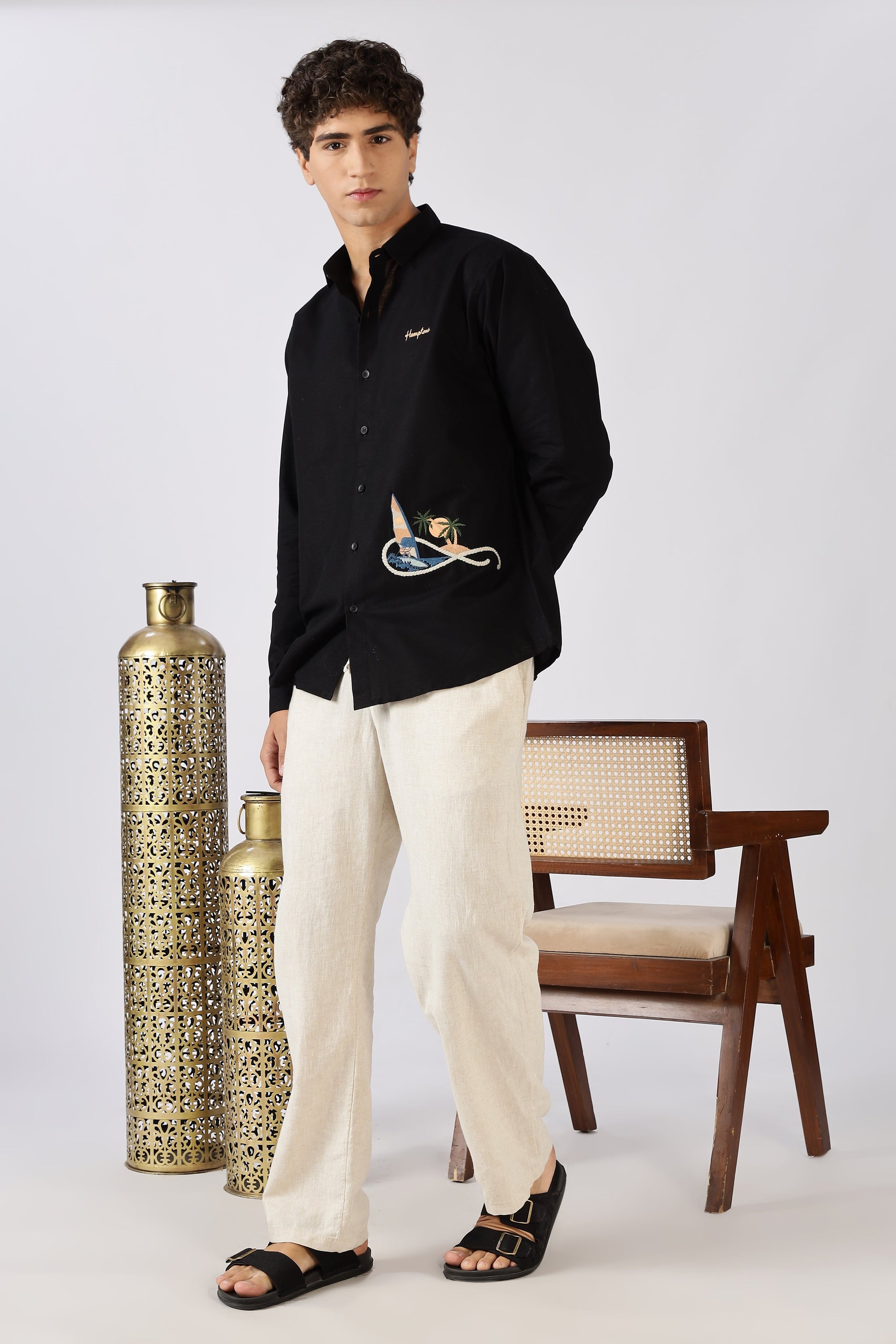 Coastal Voyage Cotton Regular Fit Black Embroidered Shirt | Hamptons at Broadway