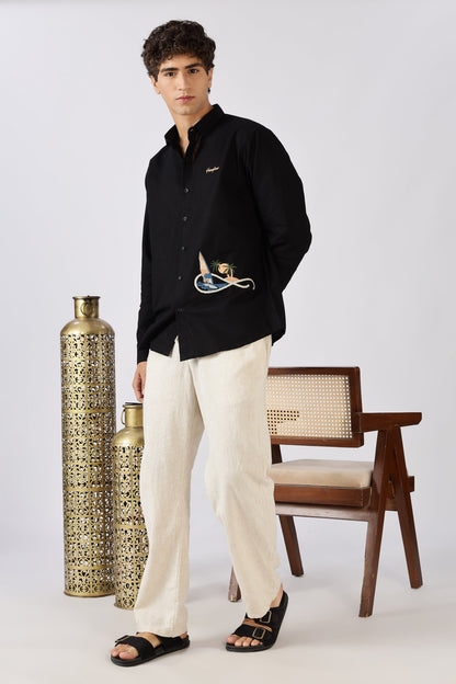 Coastal Voyage Cotton Regular Fit Black Embroidered Shirt | Hamptons at Broadway