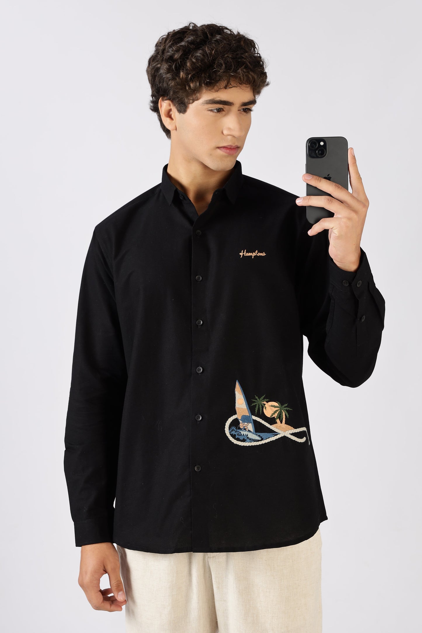 Coastal Voyage Cotton Regular Fit Black Embroidered Shirt | Hamptons at Broadway