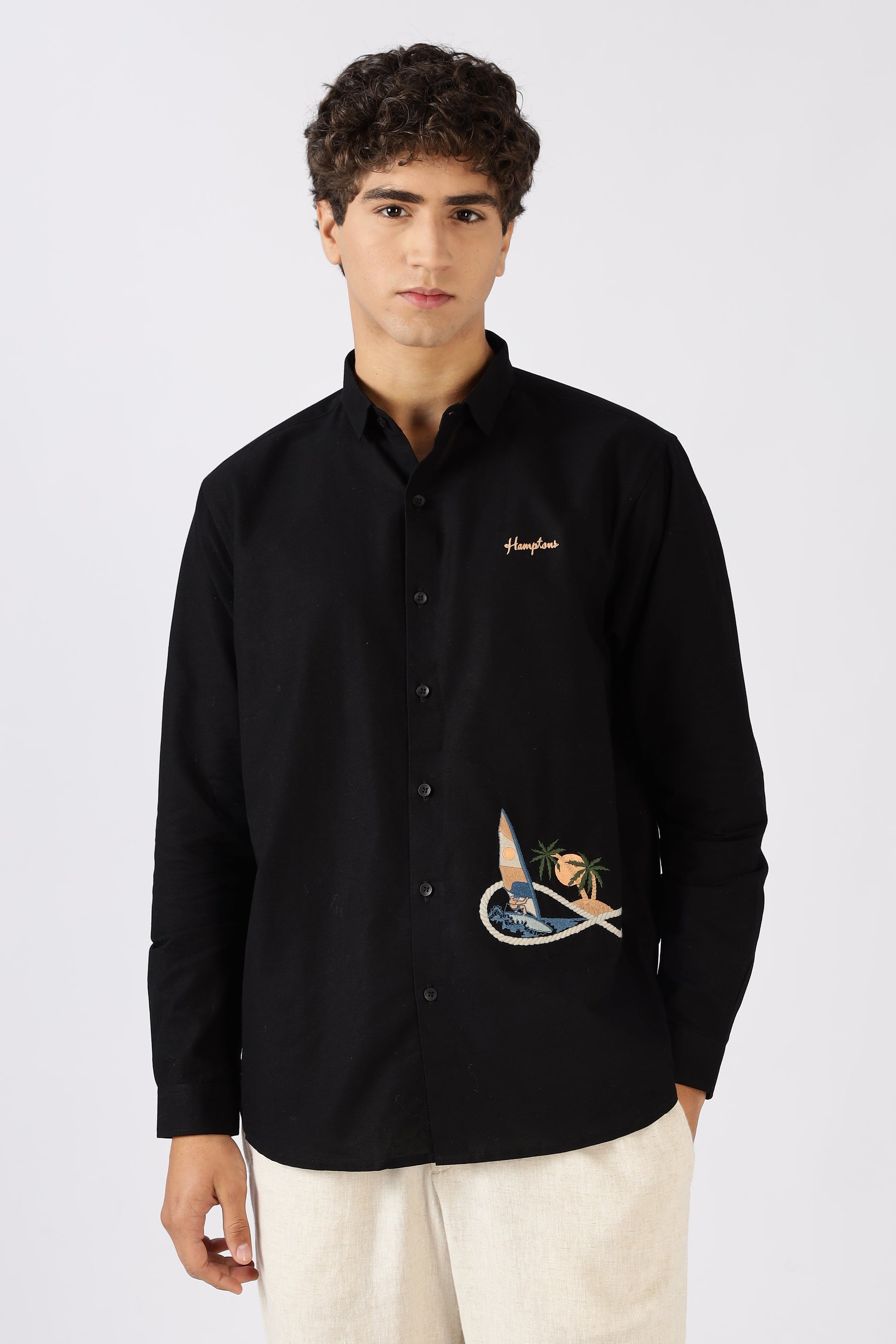 Coastal Voyage Cotton Regular Fit Black Embroidered Shirt | Hamptons at Broadway