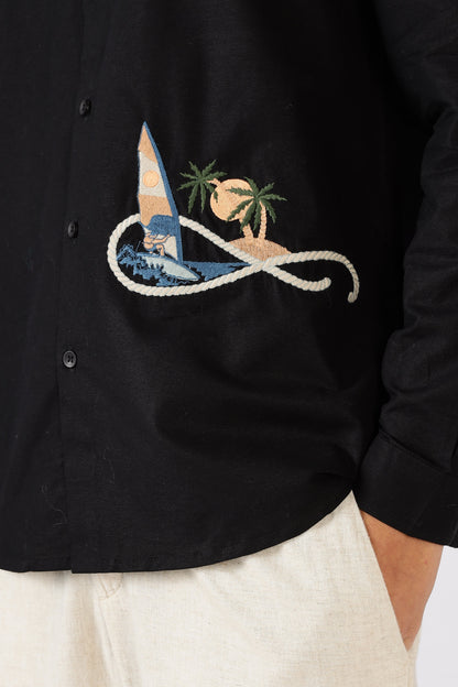 Coastal Voyage Cotton Regular Fit Black Embroidered Shirt | Hamptons at Broadway