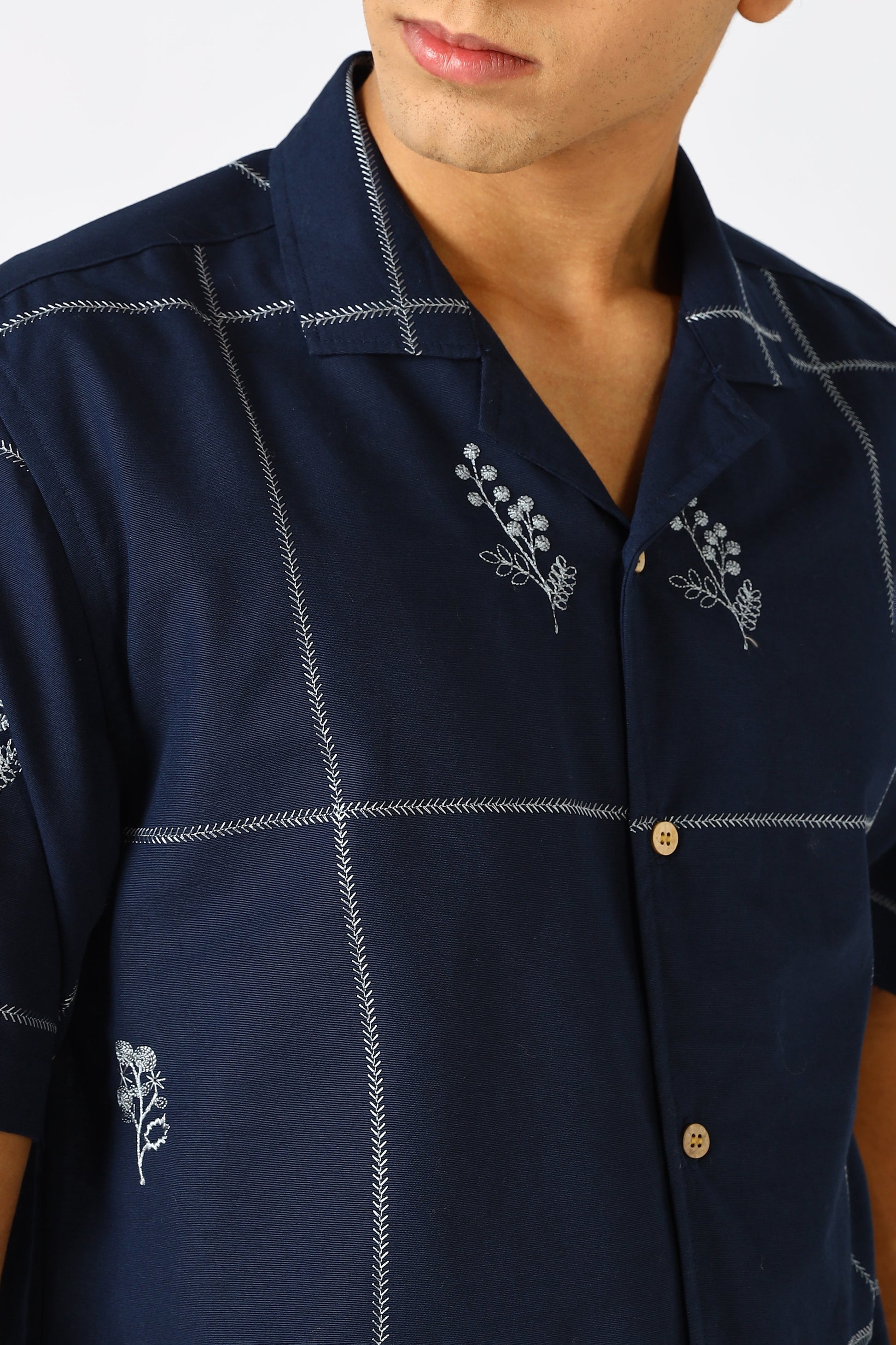 Coastal Grid Embroidered Cuban Blue Shirt | Hamptons at Broadway