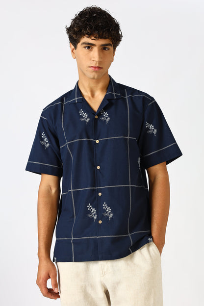 Coastal Grid Embroidered Cuban Blue Shirt | Hamptons at Broadway