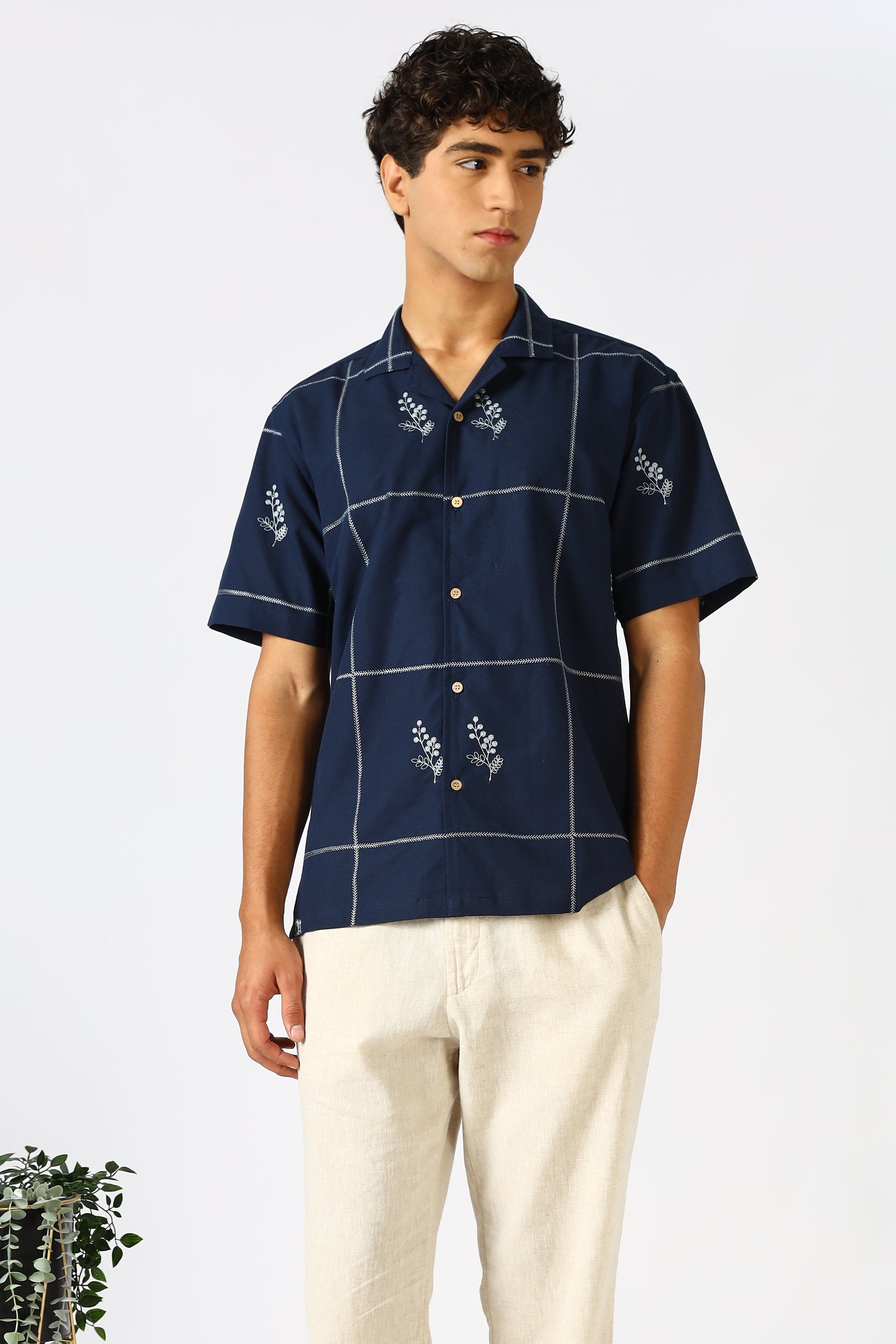Coastal Grid Embroidered Cuban Blue Shirt | Hamptons at Broadway