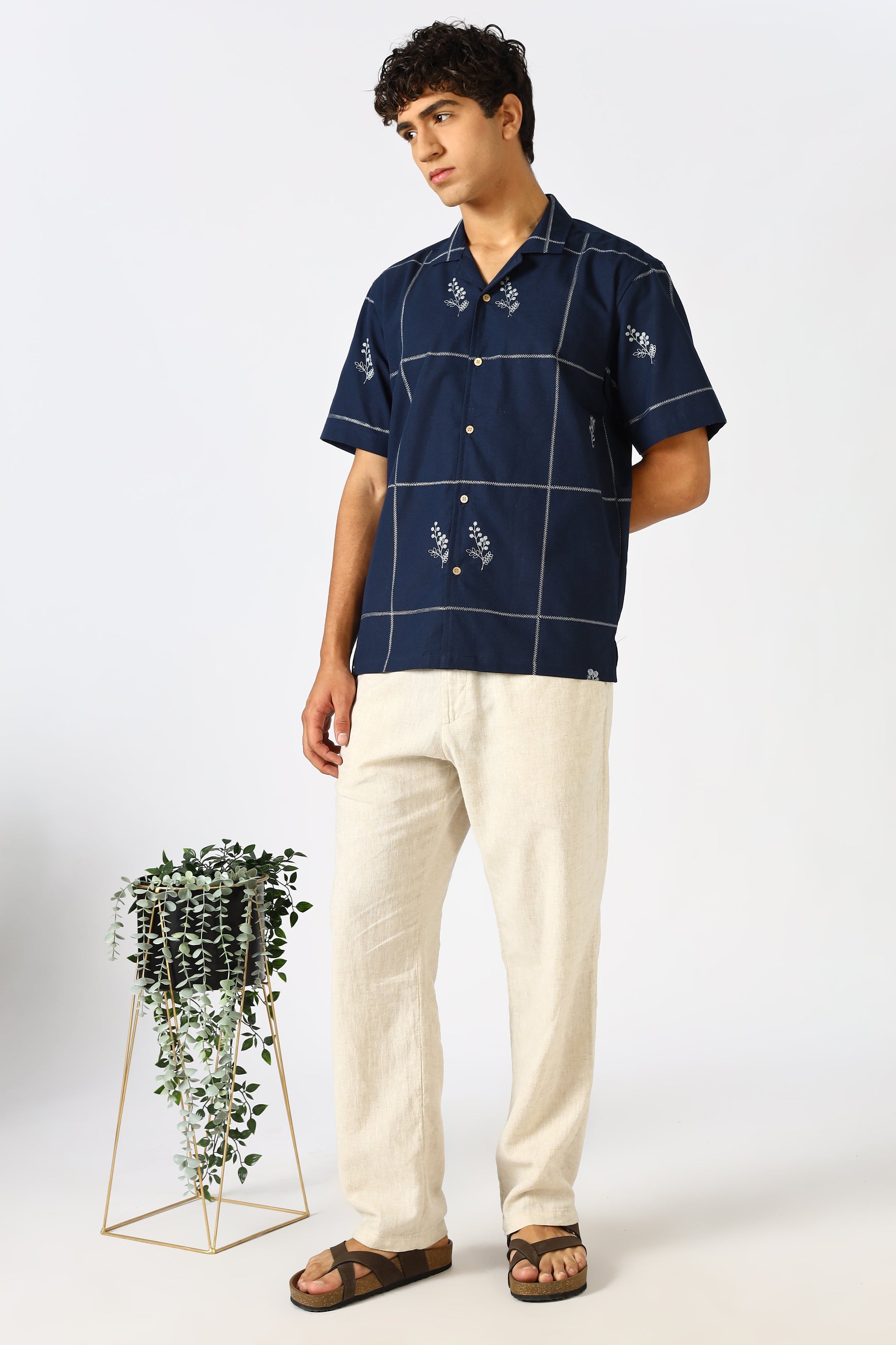 Coastal Grid Embroidered Cuban Blue Shirt | Hamptons at Broadway