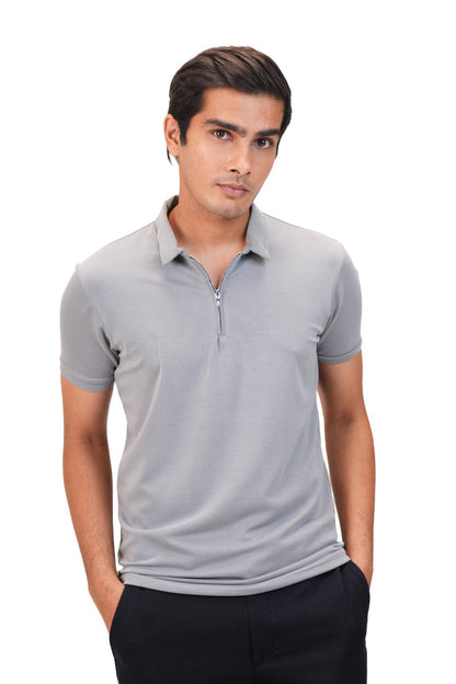 Suede Zipper Polo- Storm Grey