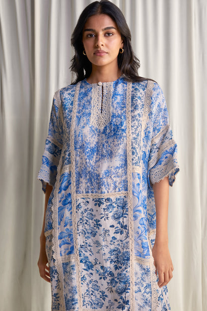 SILK-LINEN PORCELAIN PRINT PATCHWORK DRESS