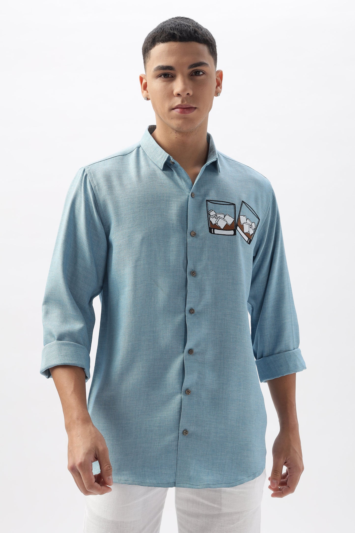 Whiskey Tales Blue Embroidered Shirt