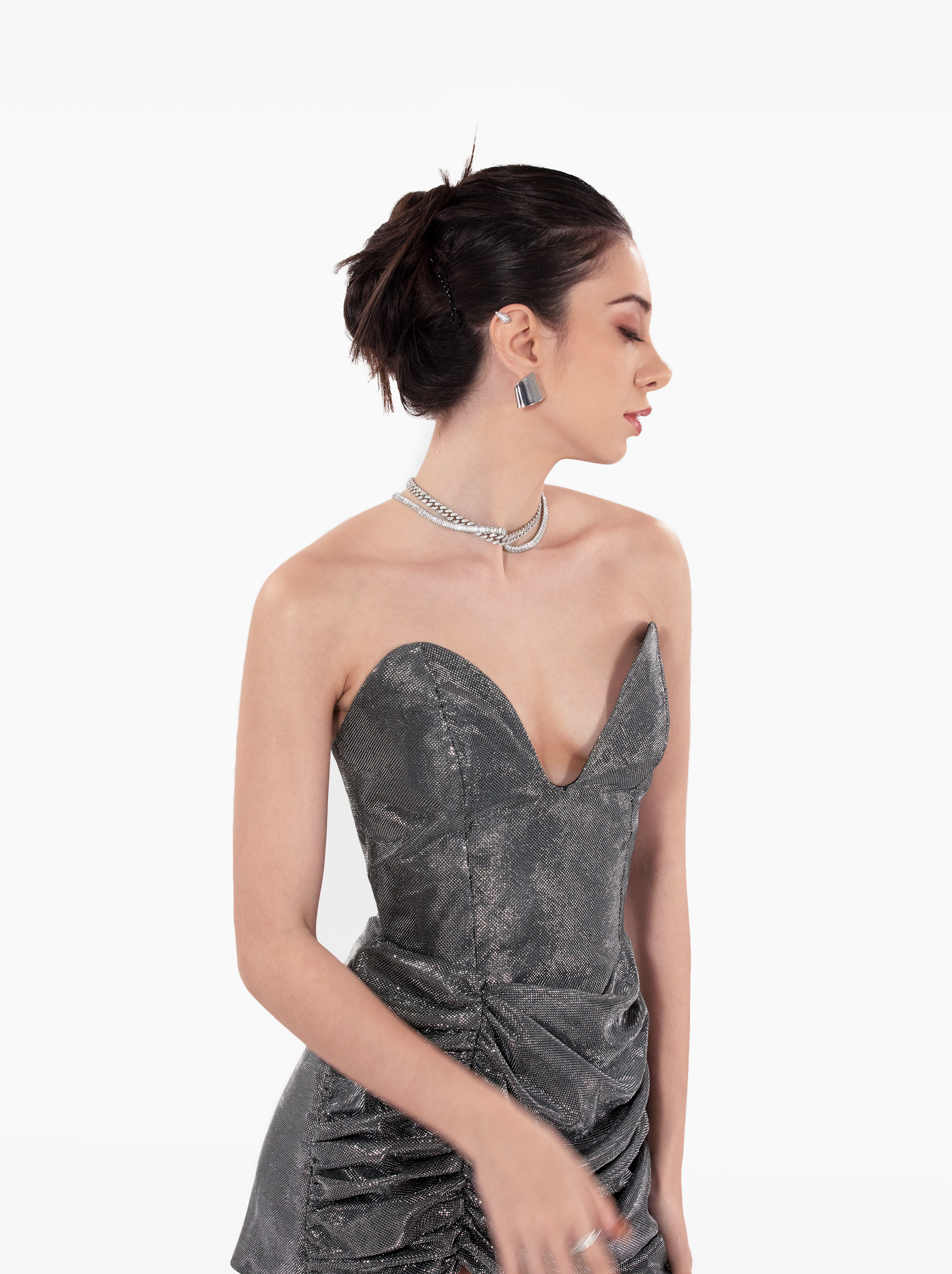 Area Codes Dress - silver grey black glitter sparkly shimmer corset mini party birthday dress with bustier deep neckline and gathers by SOLÉITE
