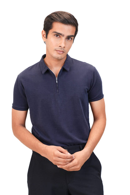 Suede Zipper Polo- Brilliant Navy