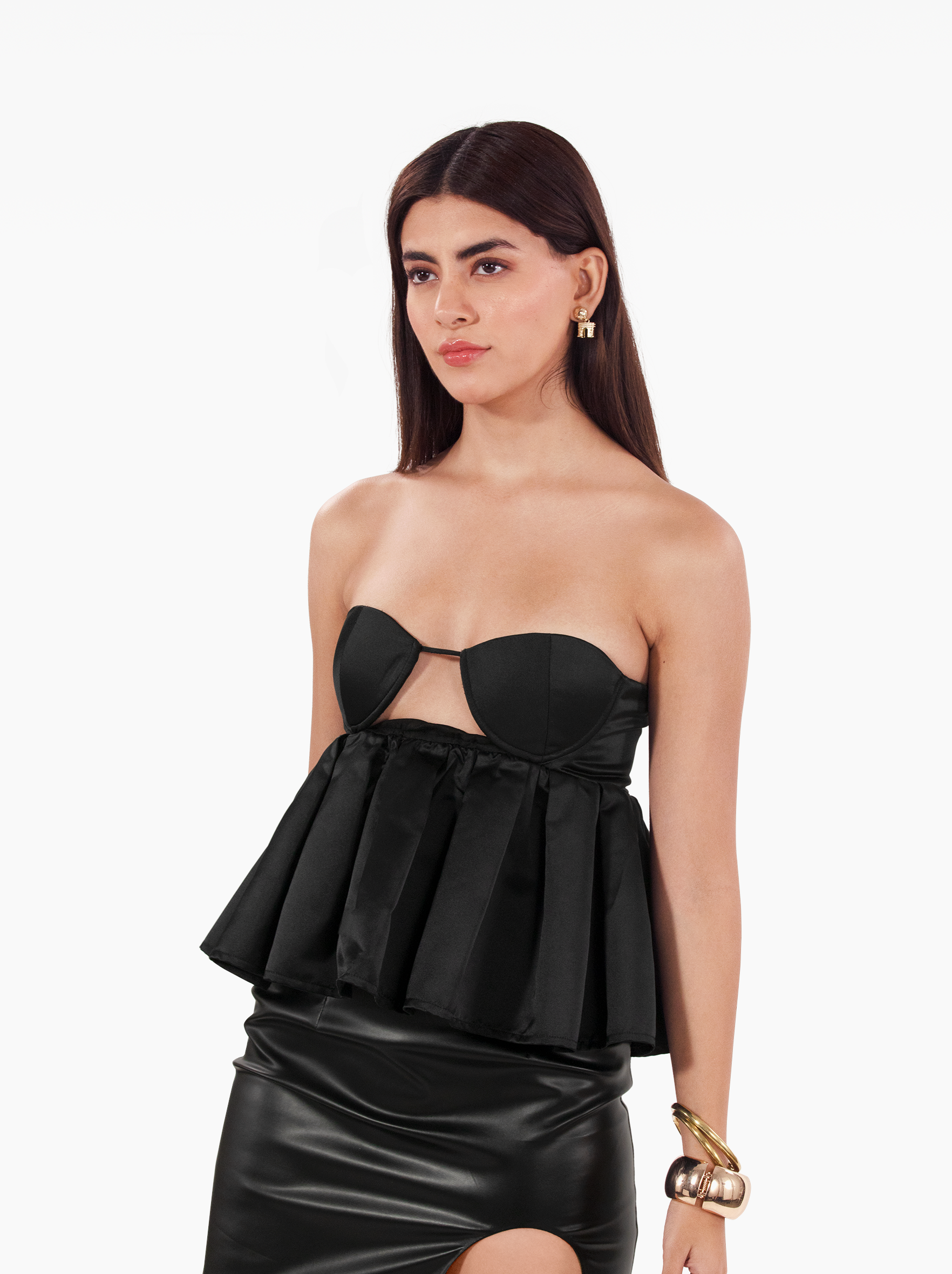 love talk top - black strapless, satin peplum top with an under-bust cutout birthday, party, dinner, vacation, date night outfits - SOLÉITE