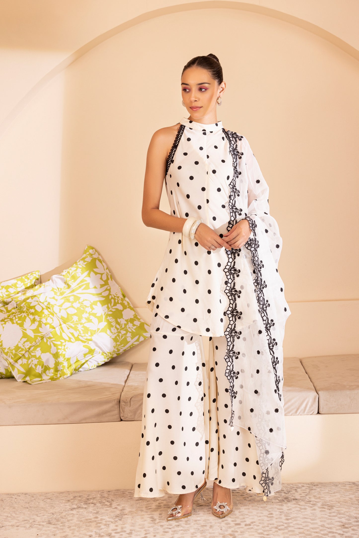 BLACK POLKA DOT SET WITH EMBROIDERED ORGANZA DUPATTA