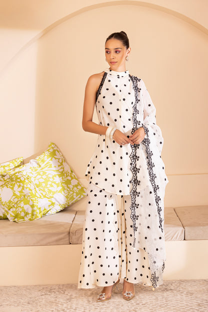 BLACK POLKA DOT SET WITH EMBROIDERED ORGANZA DUPATTA