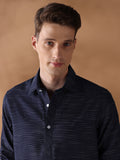Navy Blue Regular Fit Stripes Casual Shirt for Men (LESSA)
