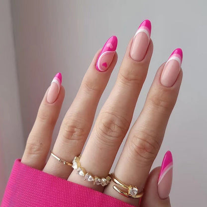 Neon Pink Hearts - Long Almond - Press on Nails