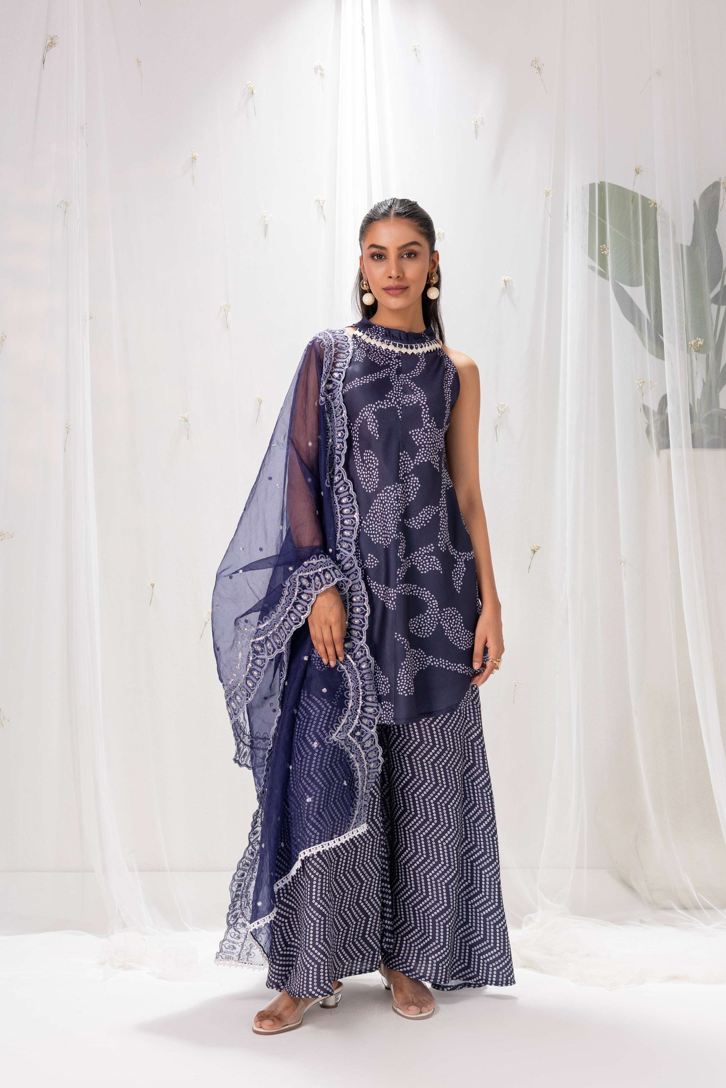 NAVY BLUE BANDHANI PRINTED HALTER SUIT SET