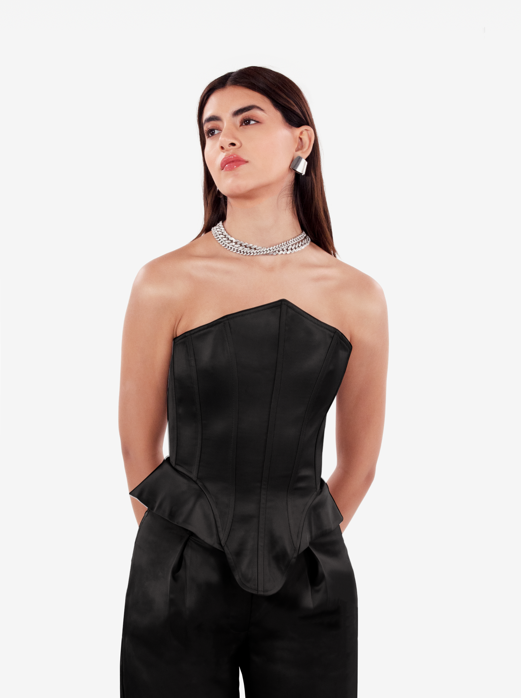 instant crush corset - black asymmetric bustier top with a strapless design and structured boning, birthday, party, dinner, date outfit - SOLÉITE