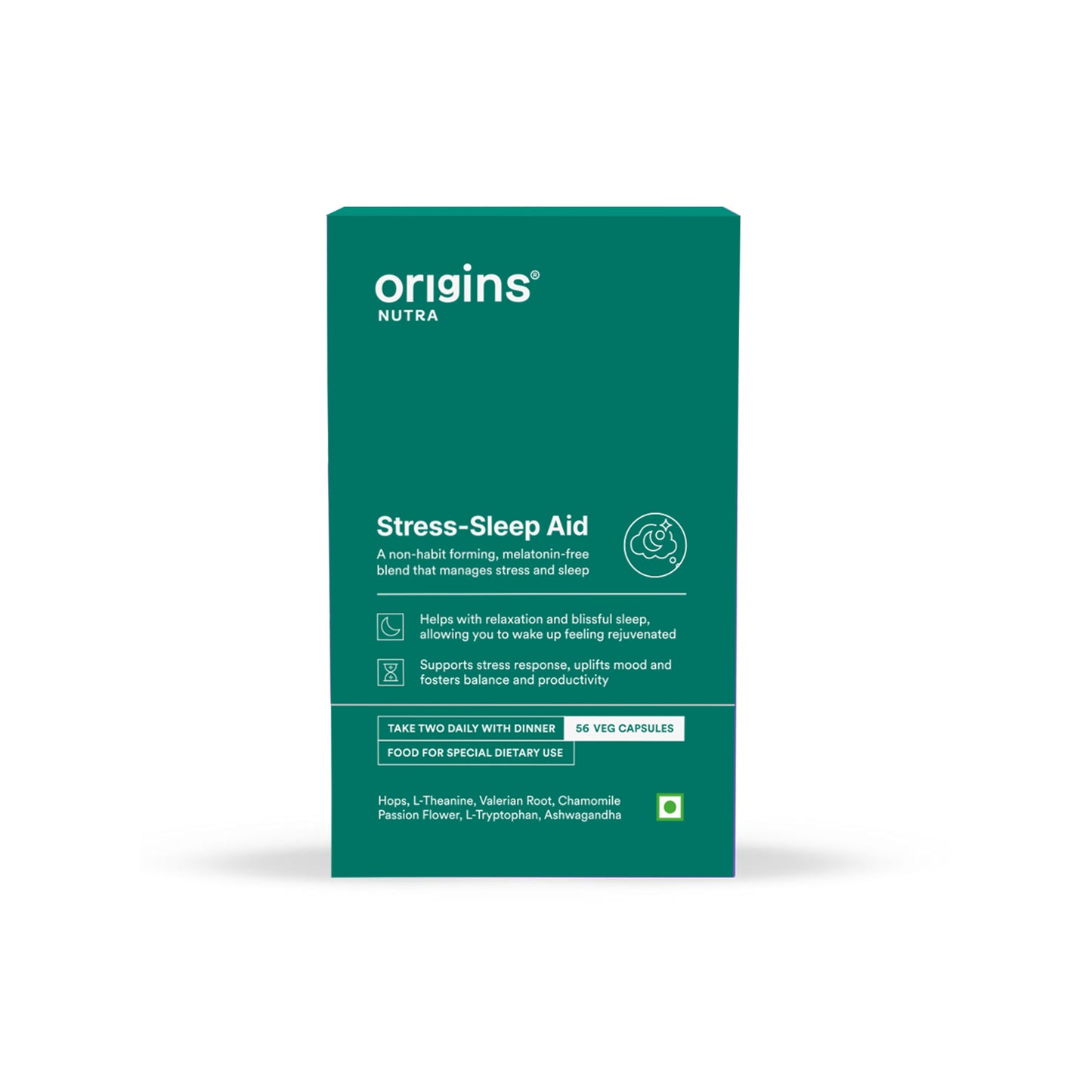 Origins Nutra Stress-Sleep Aid Capsules| Melatonin Free| Non-Habit forming| Calmer mind & Restfull sleep| GMP Certified |Non-GMO |For Men & Women| 56 Capsules 4 Week