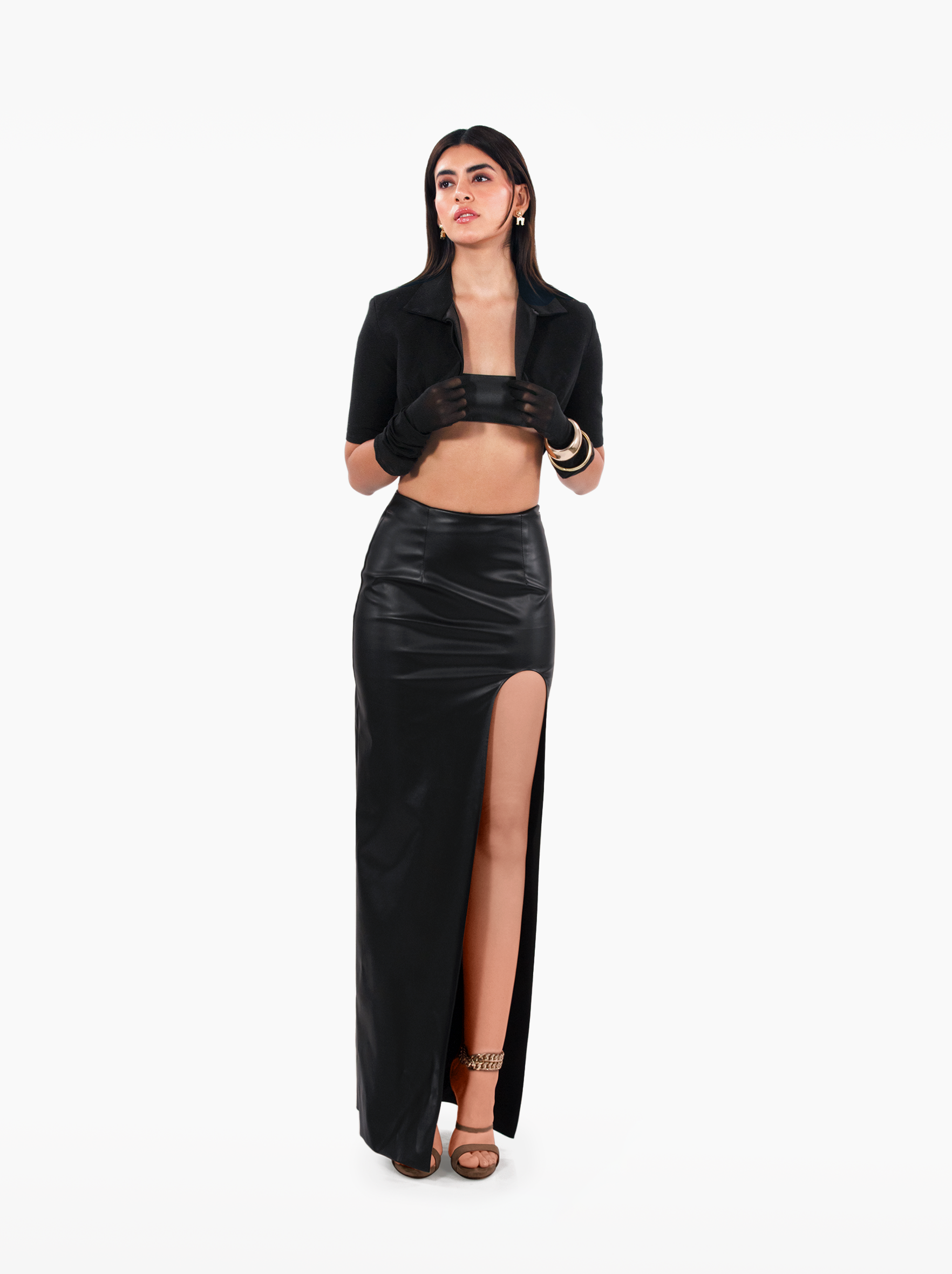 brooklyn baby skirt - black faux leather asymmetric skirt with u-cut side slit. high waisted fitted skirt by SOLÉITE
