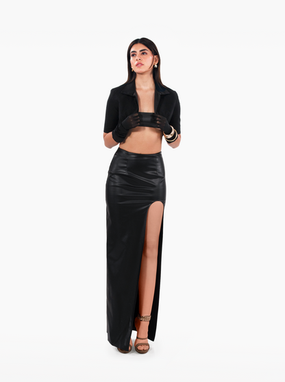 brooklyn baby skirt - black faux leather asymmetric skirt with u-cut side slit. high waisted fitted skirt by SOLÉITE