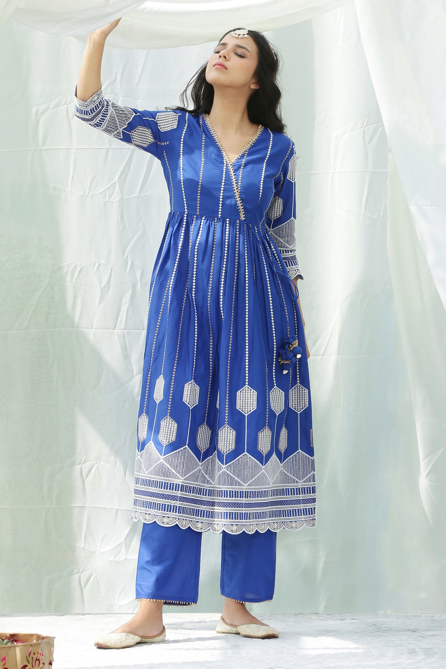 Blue And Gold Chikankari Embroidered Kurta Set