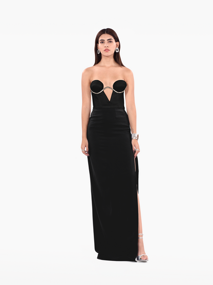 viola skirt - black mercedes maxi skirt with darts and a side slit for formal occasions by SOLÉITE