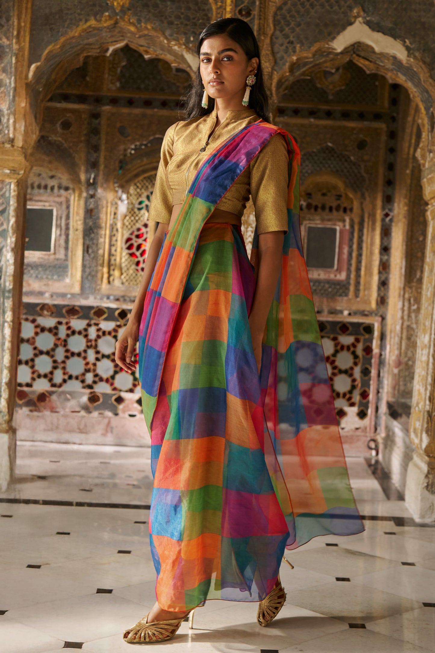 MULTICOLOUR CHECK SARI DRAPE SKIRT SET
