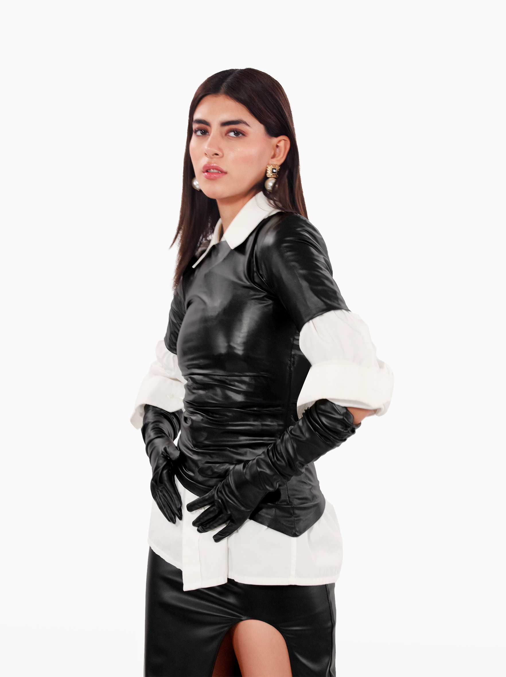 All Day and Night T-Shirt – black faux leather gathered tshirt top with shoulder pads and asymmetric hem by SOLÉITE