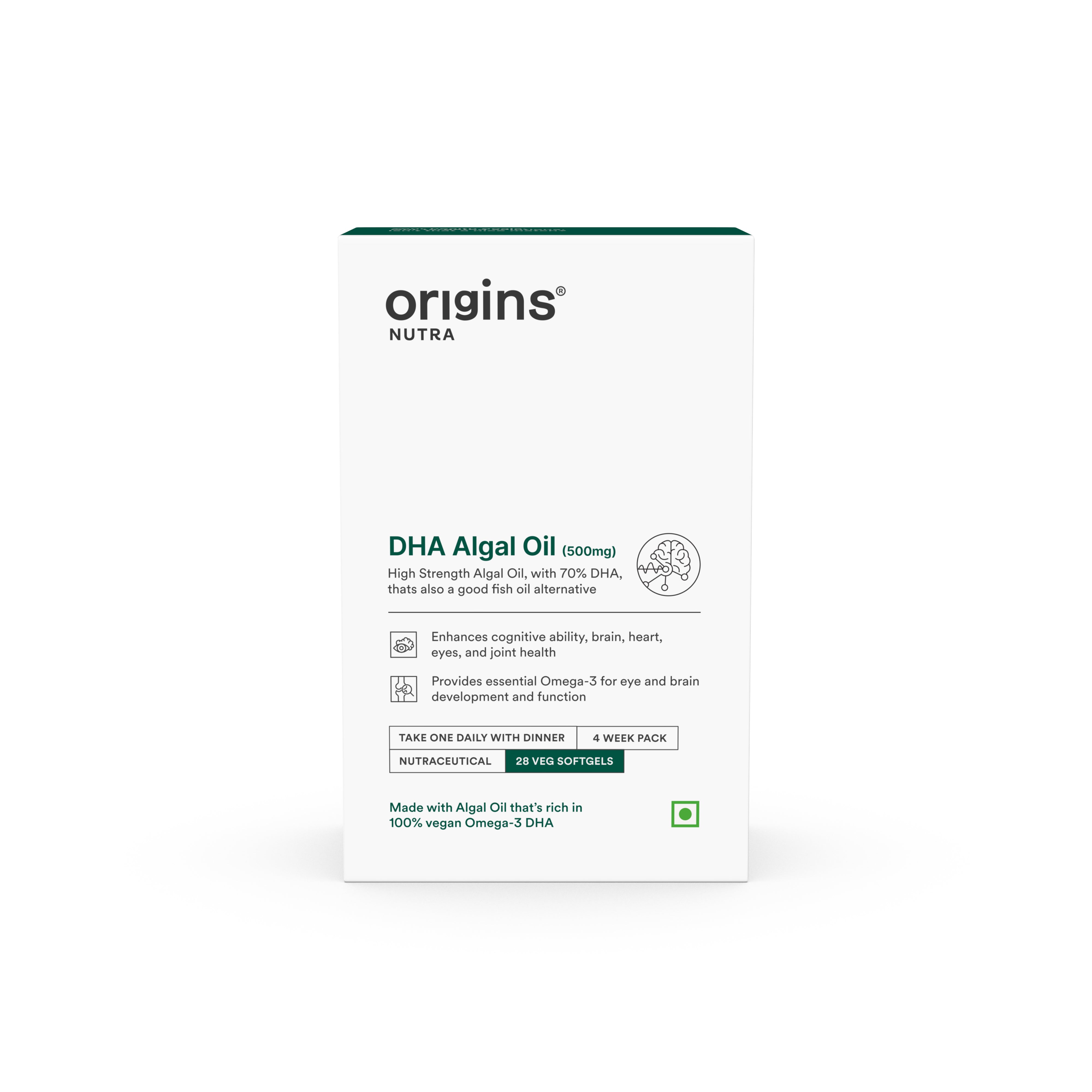 Origins Nutra DHA Algal Oil |Plant-Based High Strength 70% Omega 3 DHA, Improves Memory, Brain & Eye Health | Plant Based |GMP Certified | Non-GMO |For Men & Women | 28 Softgels. | Origins Nutra at Broadway