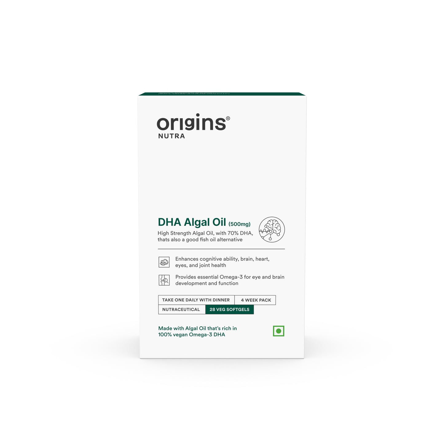 Origins Nutra DHA Algal Oil |Plant-Based High Strength 70% Omega 3 DHA, Improves Memory, Brain & Eye Health | Plant Based |GMP Certified | Non-GMO |For Men & Women | 28 Softgels. | Origins Nutra at Broadway