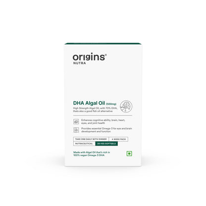 Origins Nutra DHA Algal Oil |Plant-Based High Strength 70% Omega 3 DHA, Improves Memory, Brain & Eye Health | Plant Based |GMP Certified | Non-GMO |For Men & Women | 28 Softgels. | Origins Nutra at Broadway
