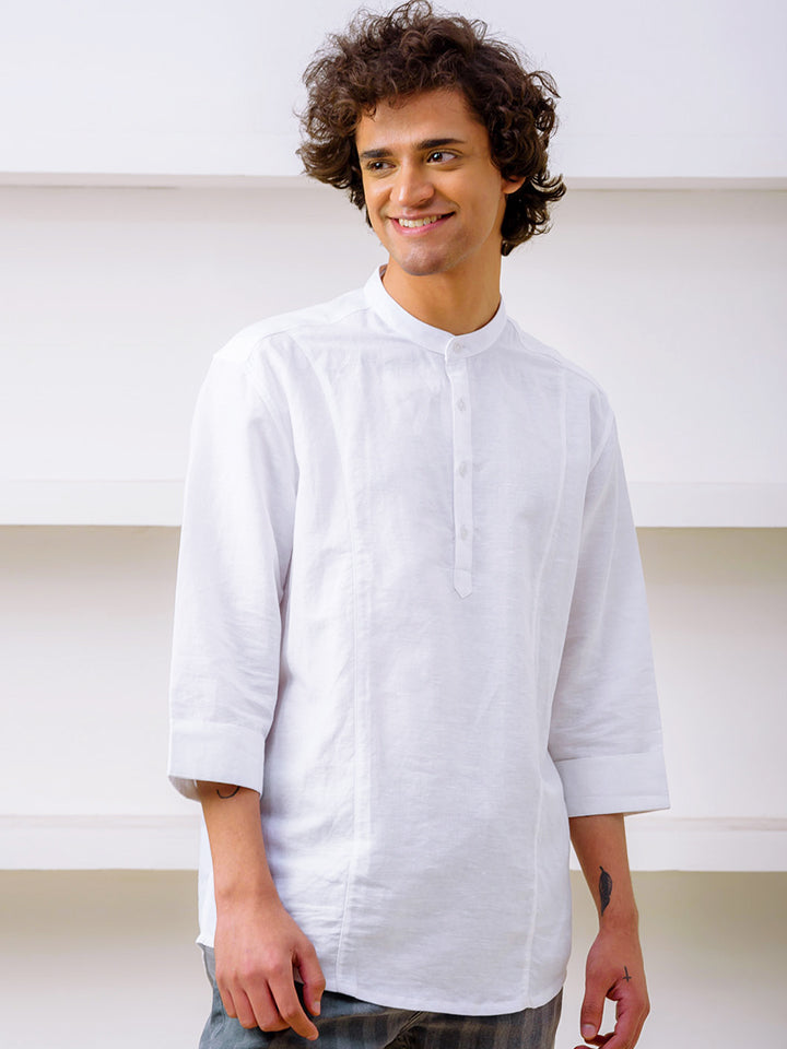 Panel Detail Cotton Linen White Kurta - Halfway