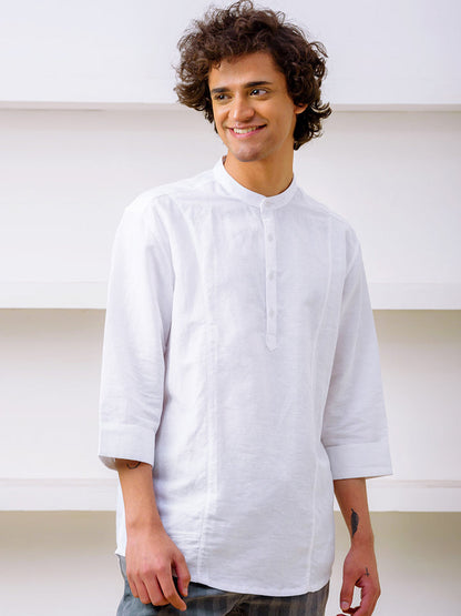 Panel Detail Cotton Linen White Kurta - Halfway