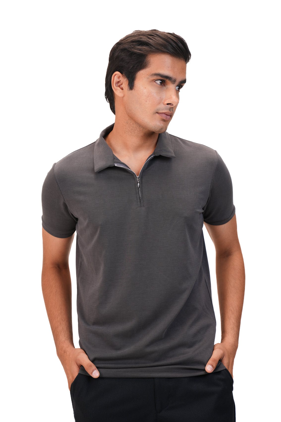 Suede Zipper Polo- Charcoal Grey