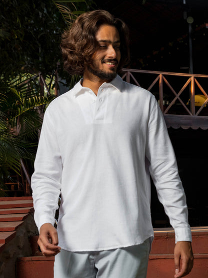 Polo Neck Cotton Linen White Shirt - Wander