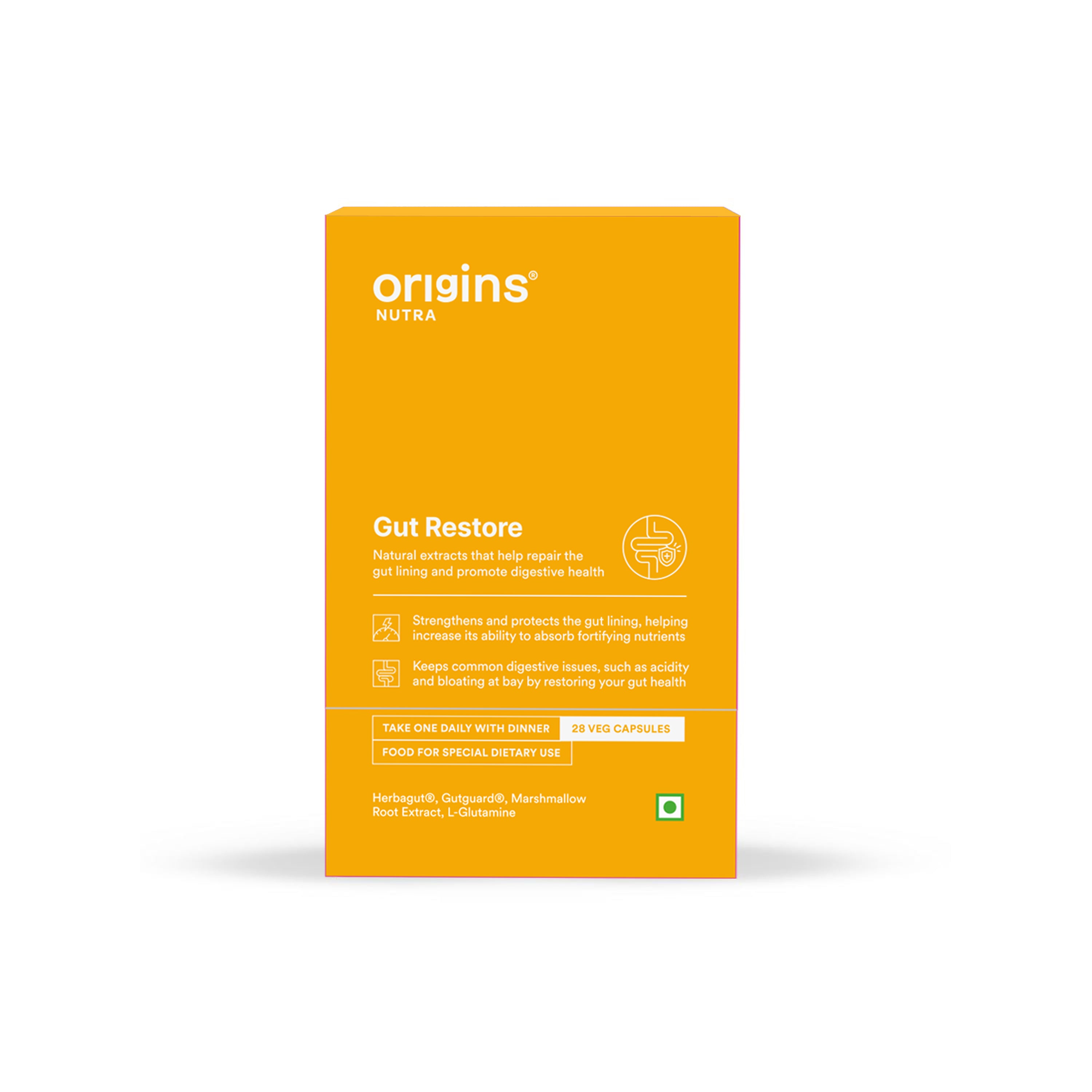 Origins Nutra Gut Restore| Leaky Gut Supplement| Gut lining,GERD, IBS,Constipation relief Herbal Blend with L-Glutamine| Non-GMO| GMP Certified| For Men&Women 28 Veg Capsules | Origins Nutra at Broadway