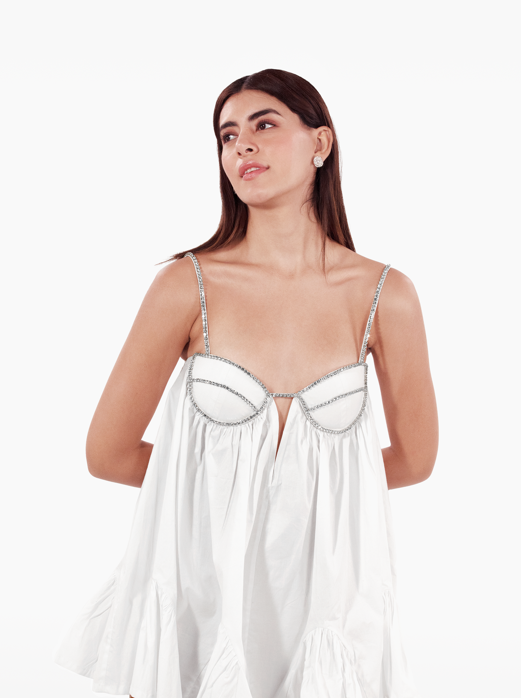playdate dress - poplin mini dress, loosely fitted silhouette adorned with a crystal trimmed bra, with deep neckline. birthday dress, date night, vacation, euro summer, ibiza