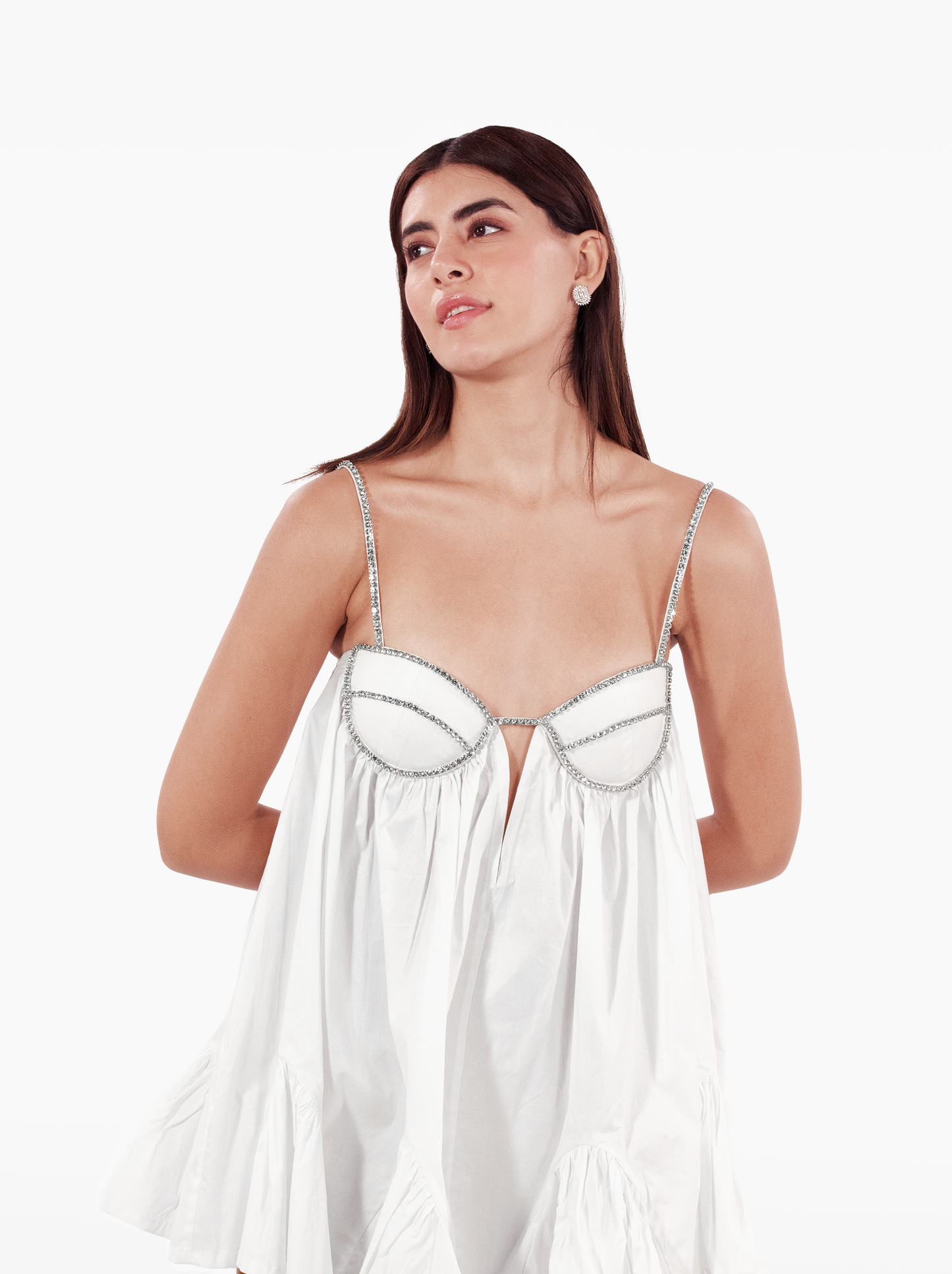 playdate dress - poplin mini dress, loosely fitted silhouette adorned with a crystal trimmed bra, with deep neckline. birthday dress, date night, vacation, euro summer, ibiza