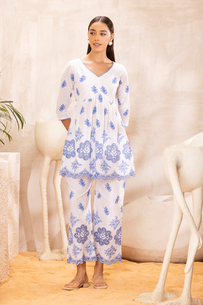 White and Blue embroidered kurta set