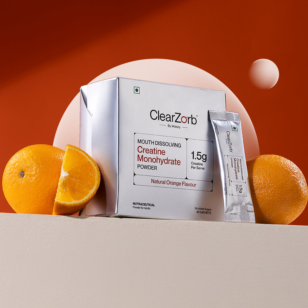 ClearZorb by Miduty, Mouth Dissolving Creatine Monohydrate | Enhanced Muscle Strength, 2 sachets per day for 3g, Natural Orange