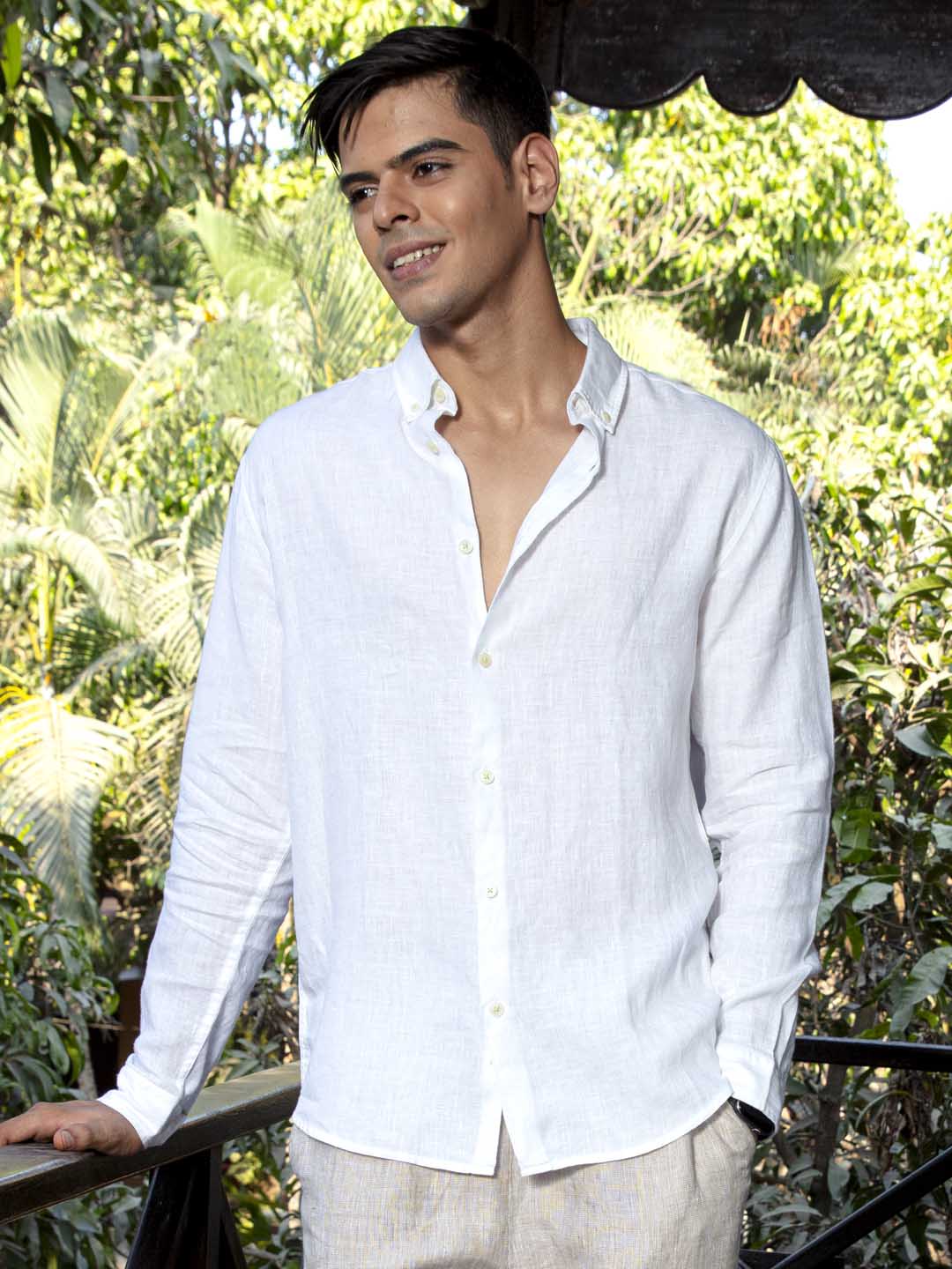 Button Down Collar Linen White Shirt - Serene