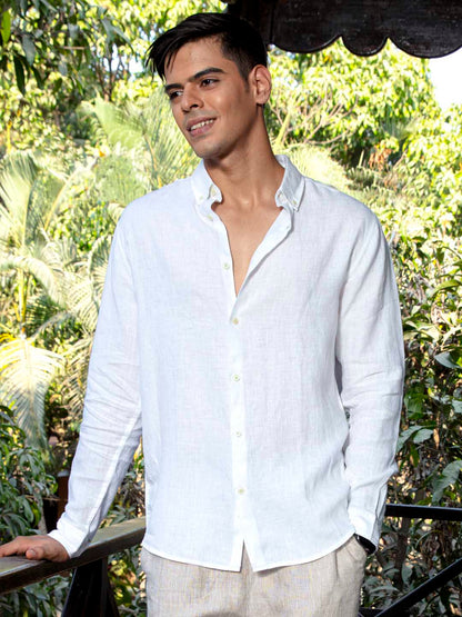 Button Down Collar Linen White Shirt - Serene