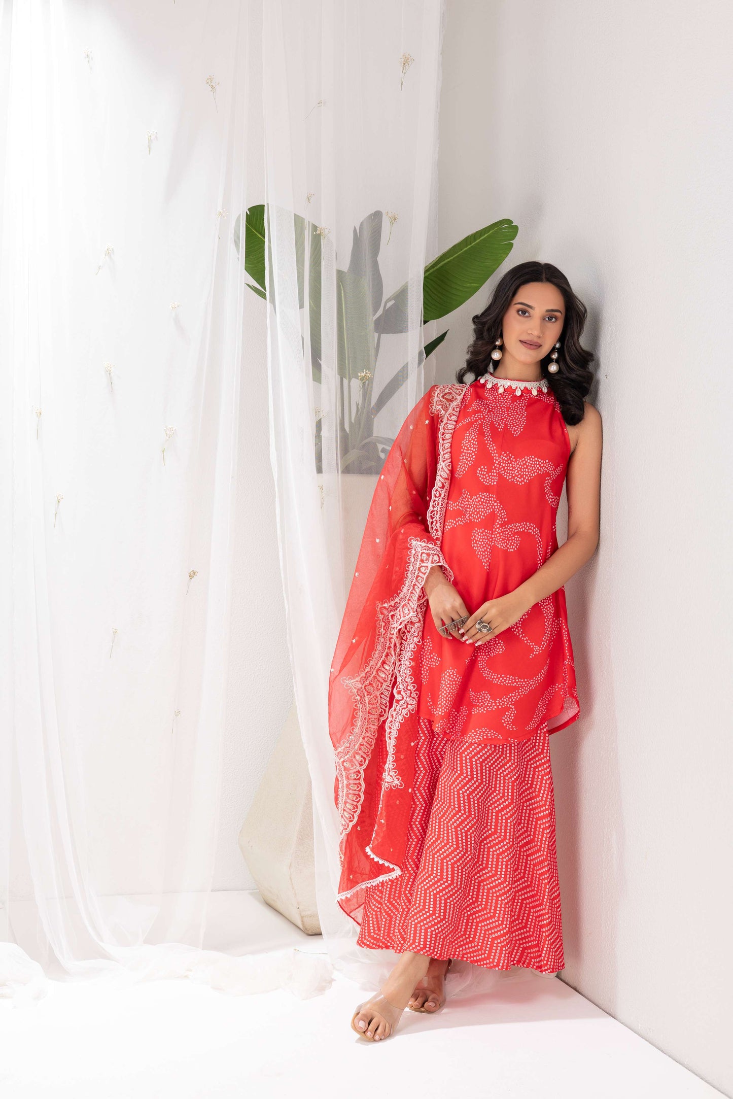 RED BANDHANI PRINTED HALTER SUIT SET