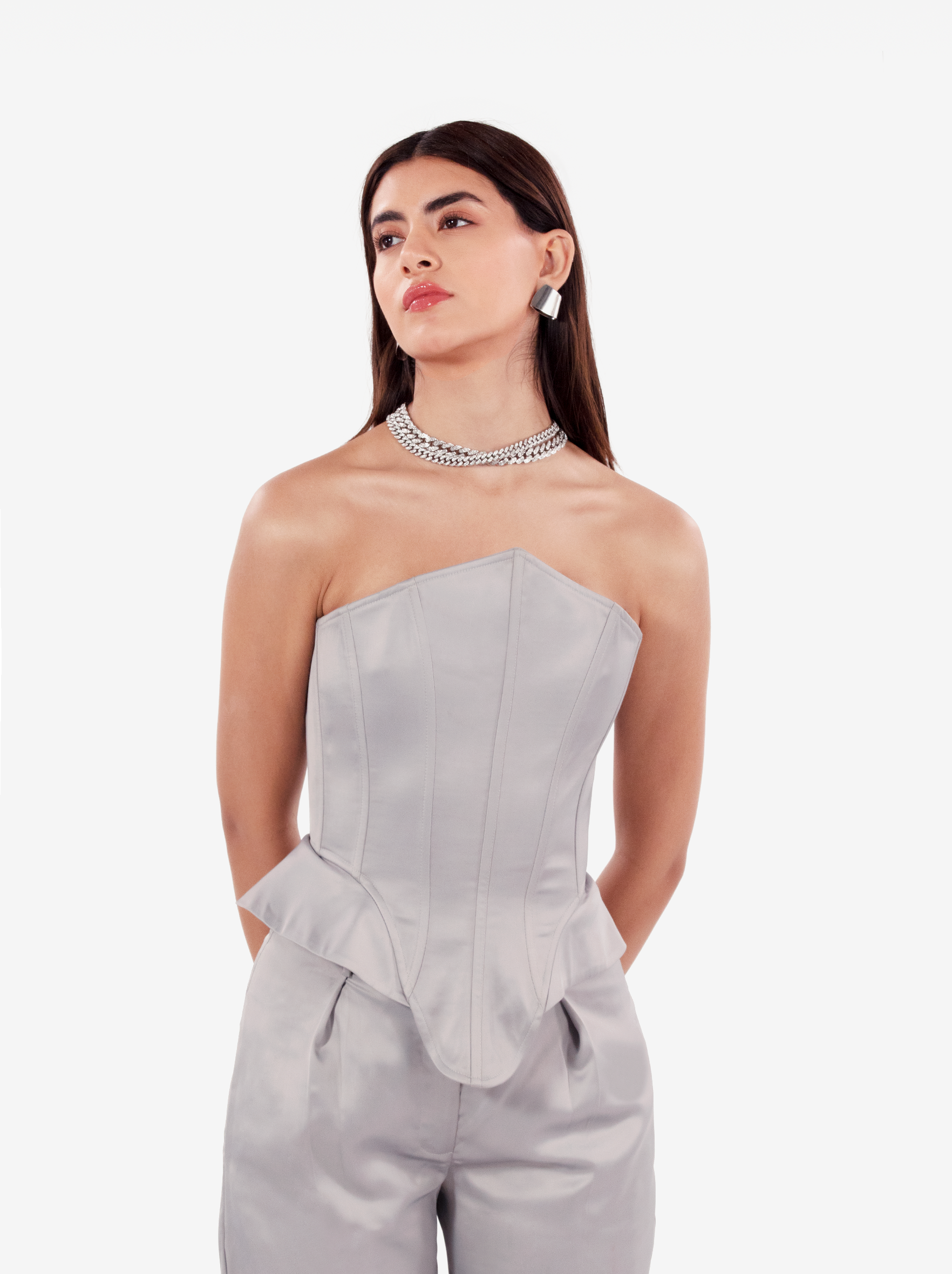 instant crush corset - silver grey satin asymmetric bustier top with a strapless design and structured boning, birthday, party, dinner, date outfit - SOLÉITE
